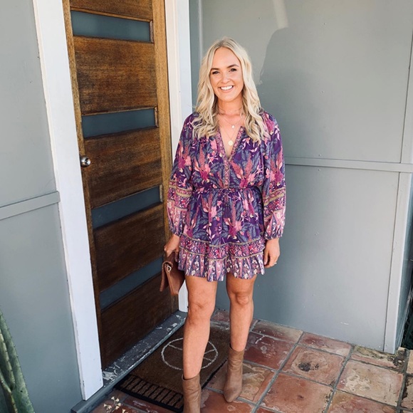 Purple Boho Floral Gypsy Print Dress Long Sleeve - Picture 13 of 16